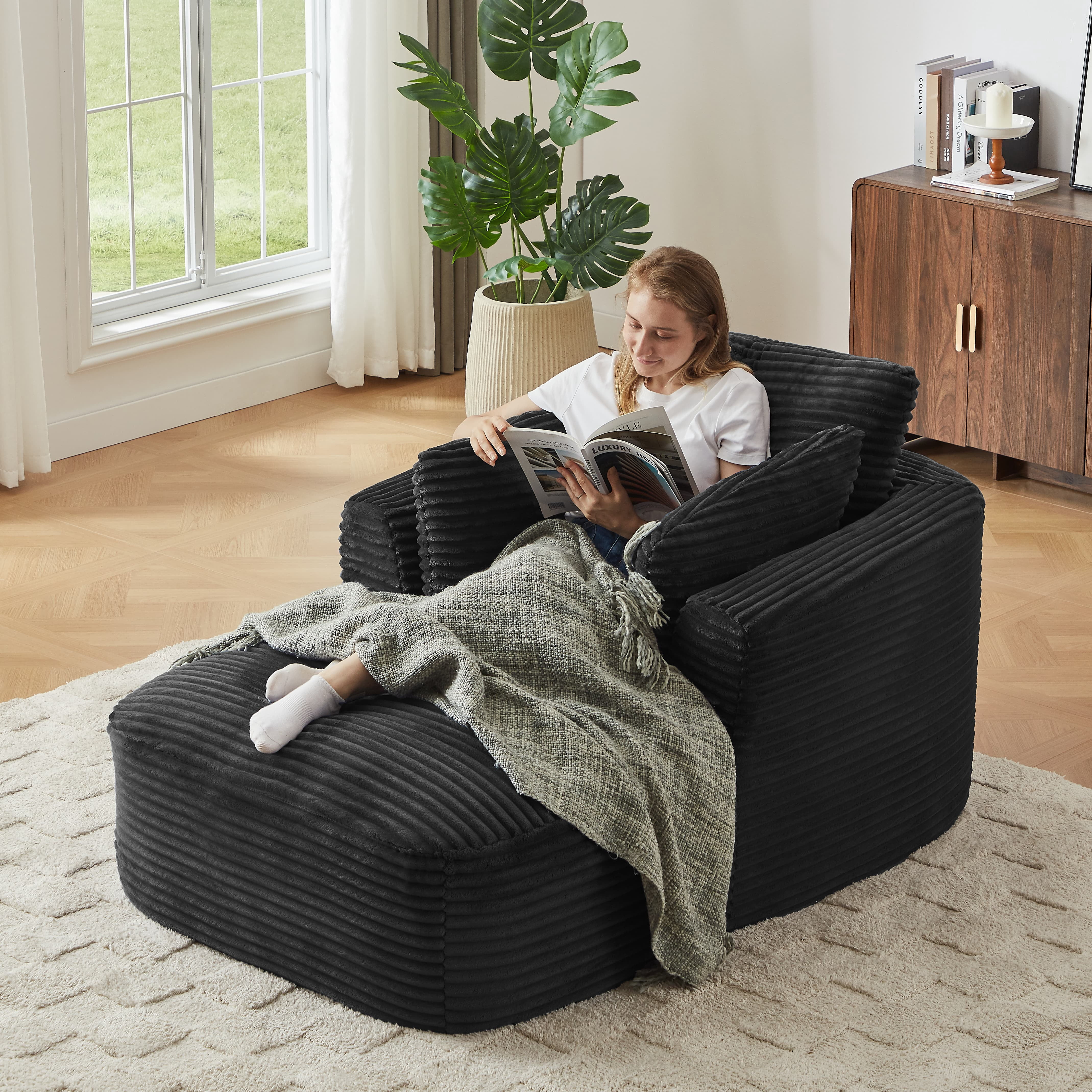 MAYEERTY Oversized Corduroy Chaise Lounge Sofa, Modern Couch with Spring Cushion for Apartment, 45*65*36"Black