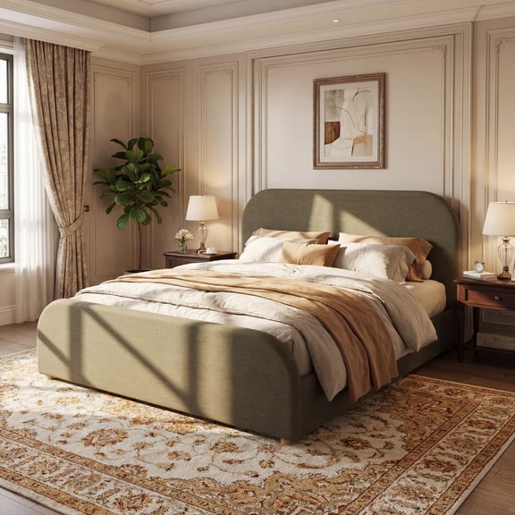 Christopher Knight Home King Size Bed Frame With Linen Upholstered Curved Headboard, Solid Wood Legs, Green