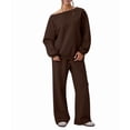 thumbnail image 2 of Women'S 2 Piece Outfits Off the Shoulder Crop Top Wide Leg Sweatpants Matching Lounge Sets Brown M, 2 of 8