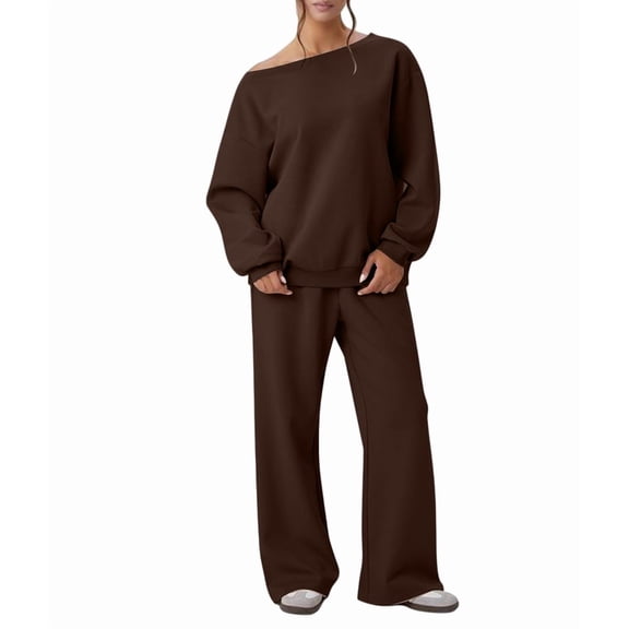 Women'S 2 Piece Outfits Off the Shoulder Crop Top Wide Leg Sweatpants Matching Lounge Sets Brown M