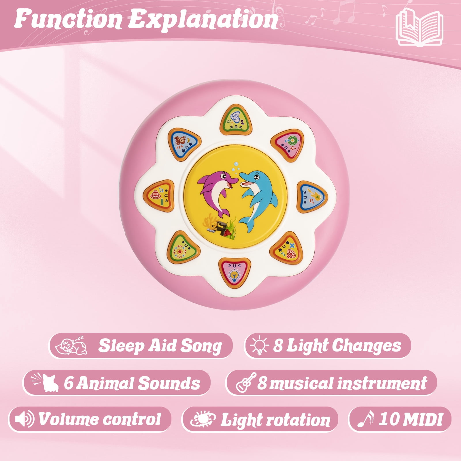 Ficcug Baby Musical Toys for 6-12 Months,Baby Light Up Rotating Ocean Projector Drums Toy for Infant Tummy Time,Learning Crawling Toys for 1 2 3 Year Old Toddler Girls Birthday Gift,Pink