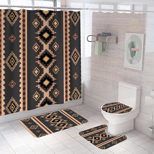 Juego de 4 cortinas de ducha para baño con alfombrillas antideslizantes, tapa de inodoro y alfombrilla de baño, cortina de baño de tela impermeable para decoración rústica vintage de baño, diseño