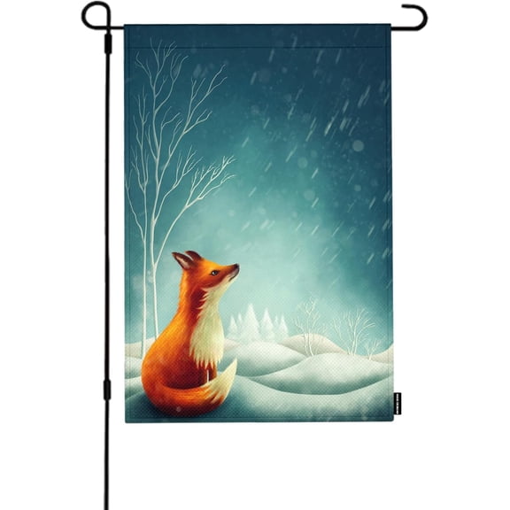 Fox Winter Garden Flag 12x18 Inch Double Sided Cartoon Cute Red Animal Blue Fantasy Snow Fairy Tale Magic House Flag for Outside Burlap Seasonal Yard Decoration