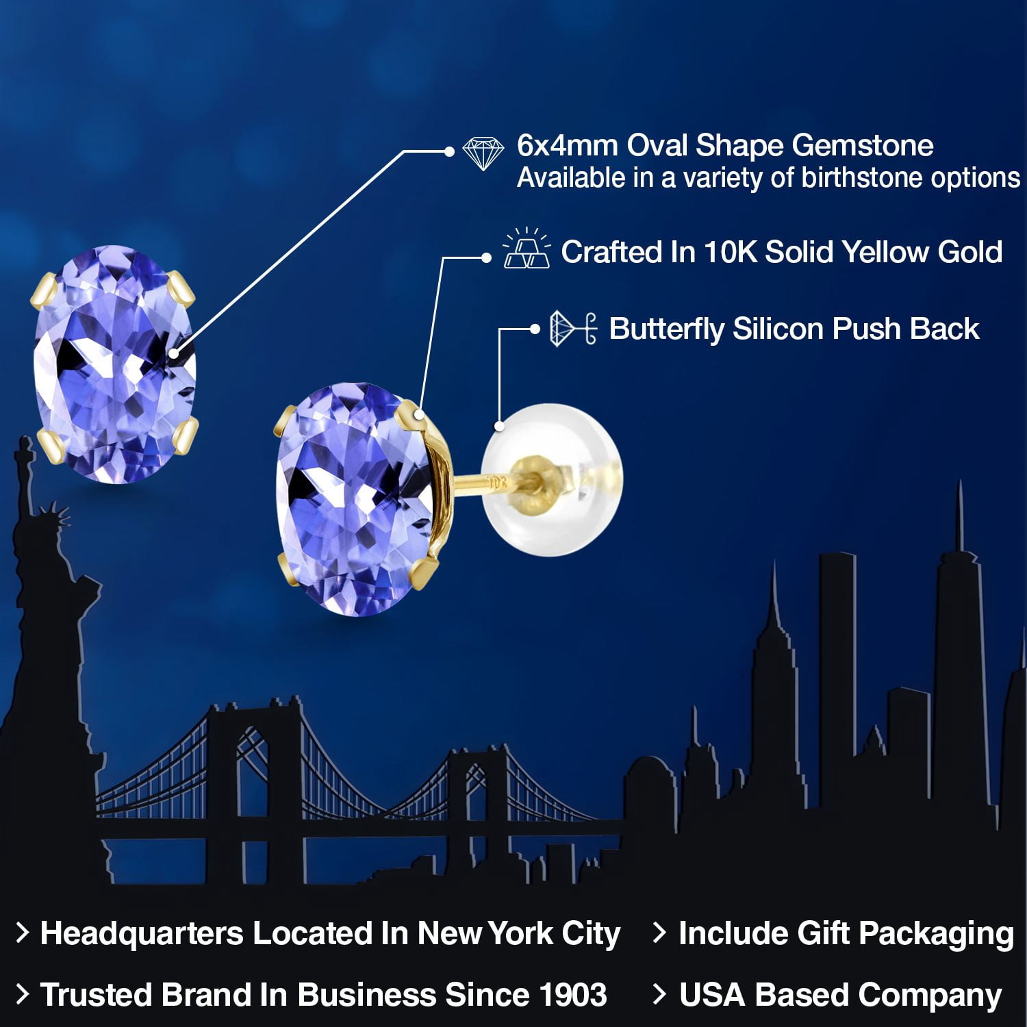 Gem Stone King 10K Yellow Gold Blue Tanzanite Stud Earrings for Women Men (0.90 Cttw, Gemstone December Birthstone, Oval 6X4MM)