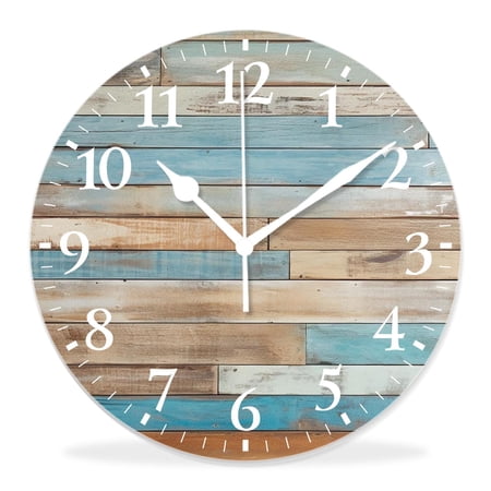 14 Inch Wall Clock Battery Operated Silent Clock Decorative for Office, Kitchen, Outdoor, Living Room,Vintage Teal Turquoise Wood Grain Elegant Pattern