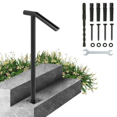 KFFKFF 2 Step Single Post Handrail Round Metal Stair Handrail Aluminum Material Stair Handrail with Installation Kit 18L x 38H Inch Step Stair Railing
