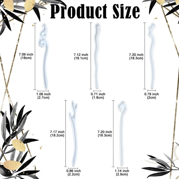 1 set 5pcs 5 style Hairpin DIY Silicone Molds Resin Casting Molds For UV Resin Epoxy Resin Jewelry Making Hair Stick Molds White 180~183x20~29x10~11mm 1pc/style