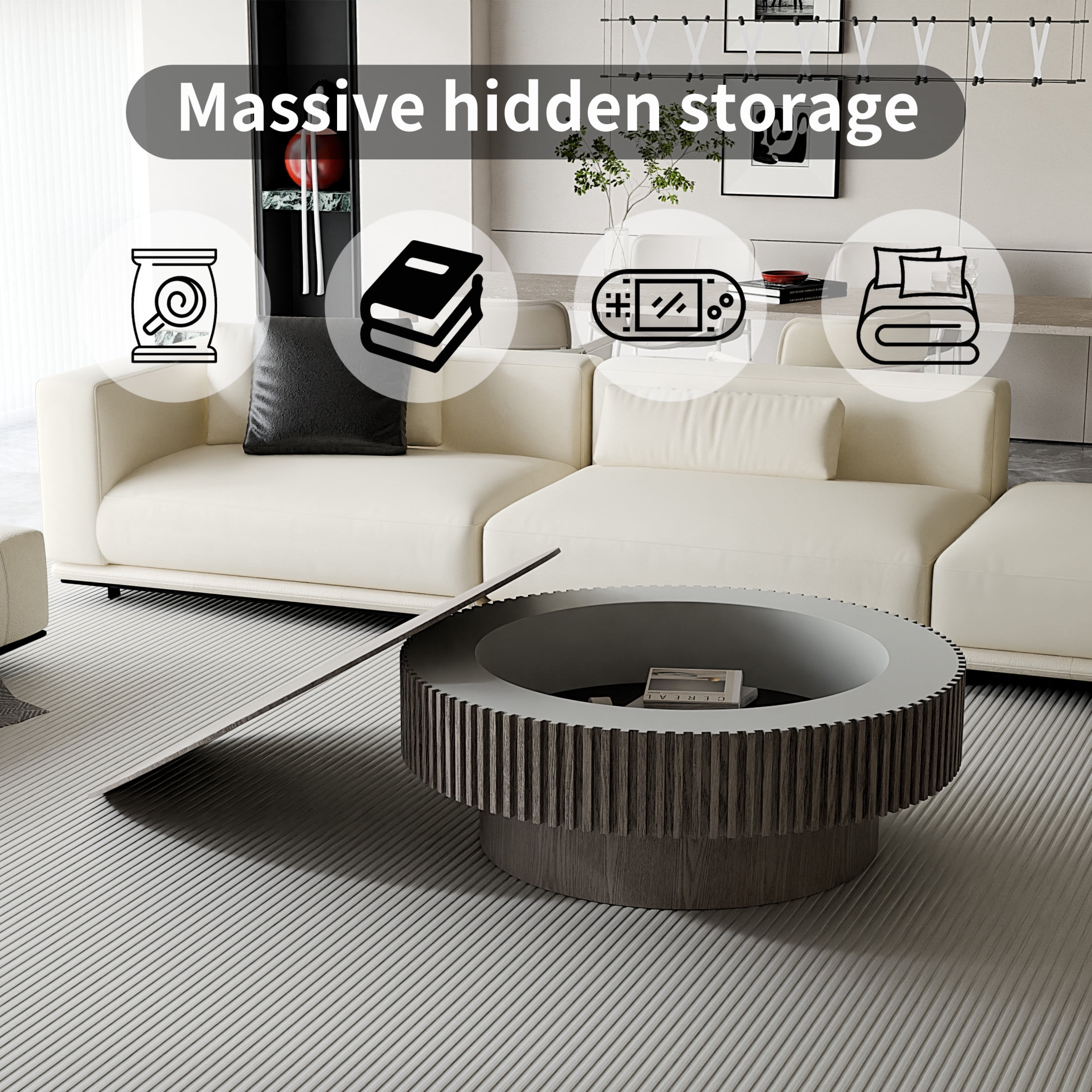 Noble House 39.37" Round Coffee Table, Solid Wood Veneer Drum with Hidden Storage, Fluted Design, for Living Room, Grey