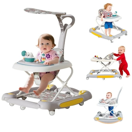 HDUTNGISN Gray 6-in-1 Foldable Baby Walker for 6-24 Months,Bouncer,Tray & Music