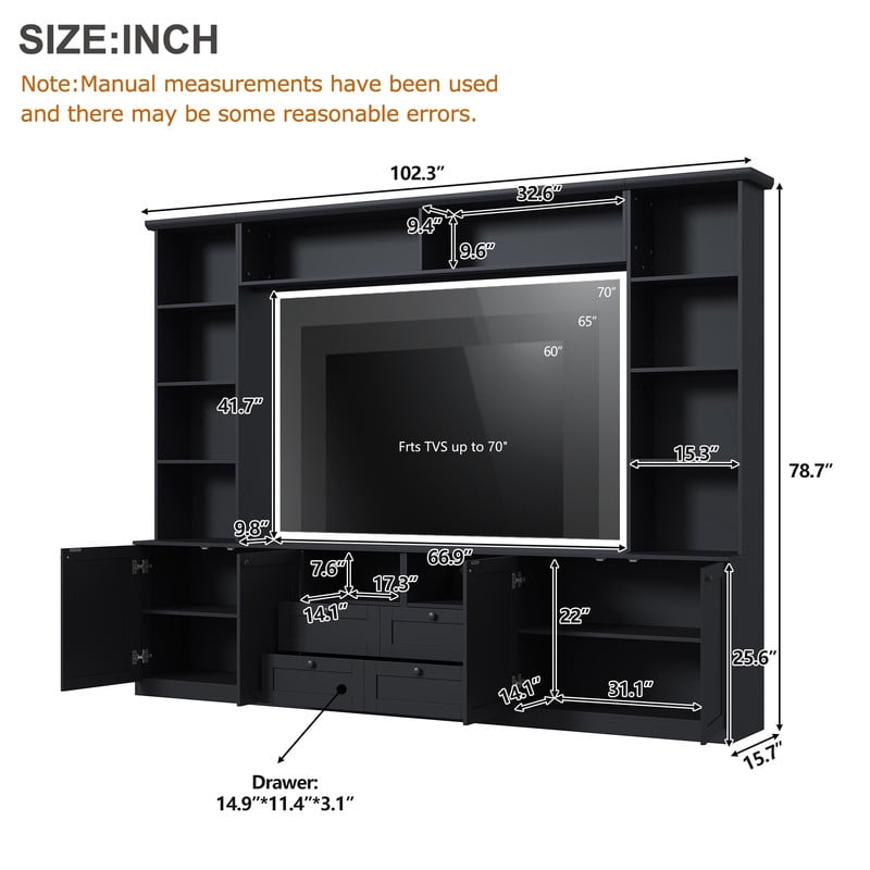 Farmhouse Entertainment Center Wall Unit with Drawers & Adjustable Shelves, TV Stand Media Console with Bridge for TVs Up to 70"