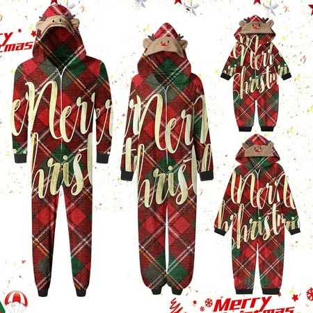 

Pxxlle Matching Family Christmas Onesies Plaid Print Xmas Loungewear for Women Men Kids Casual Zip Up Long Sleeve Holiday Sleepwear with Elk Hooded for Infant