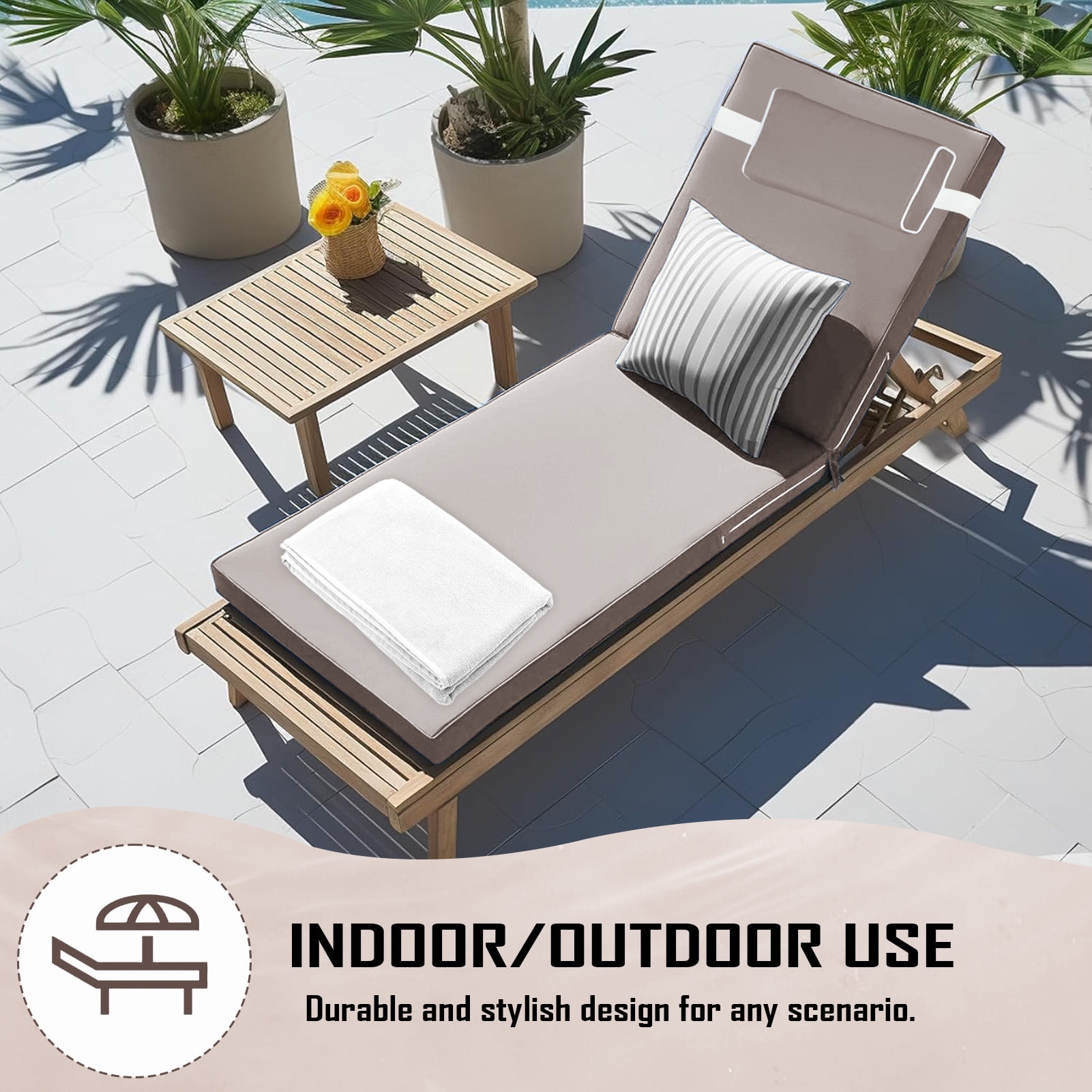 Outdoor Chaise Lounge Cushion with Adjustable Headrest and Straps