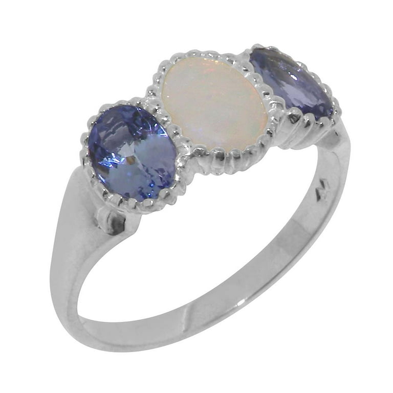 LBG British Made 10k White Gold Natural Opal Tanzanite Womens