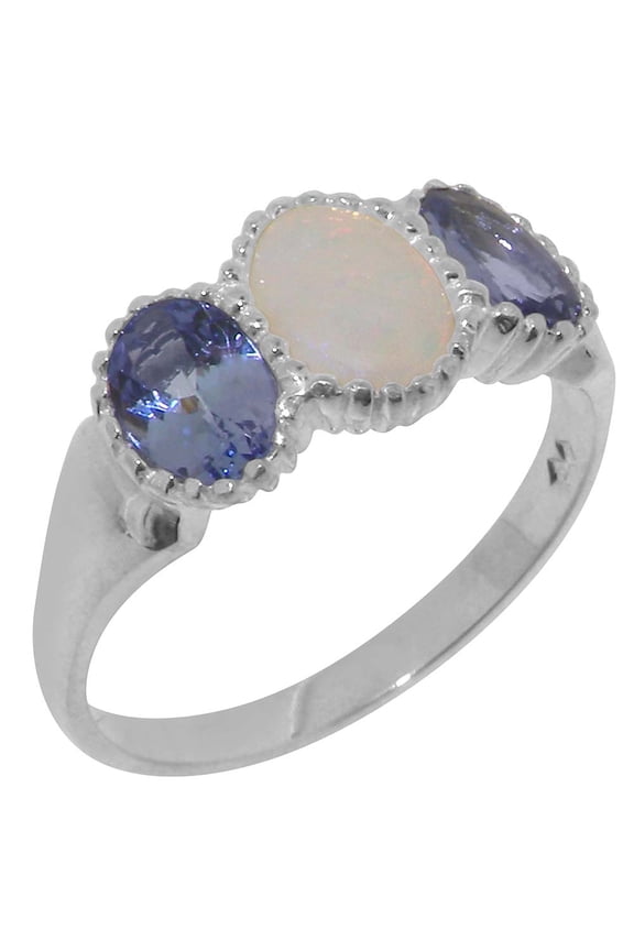 LBG British Made 925 Sterling Silver ring with Natural Opal & Tanzanite Womens Anniversary Ring - 33 size options - Size 11.25