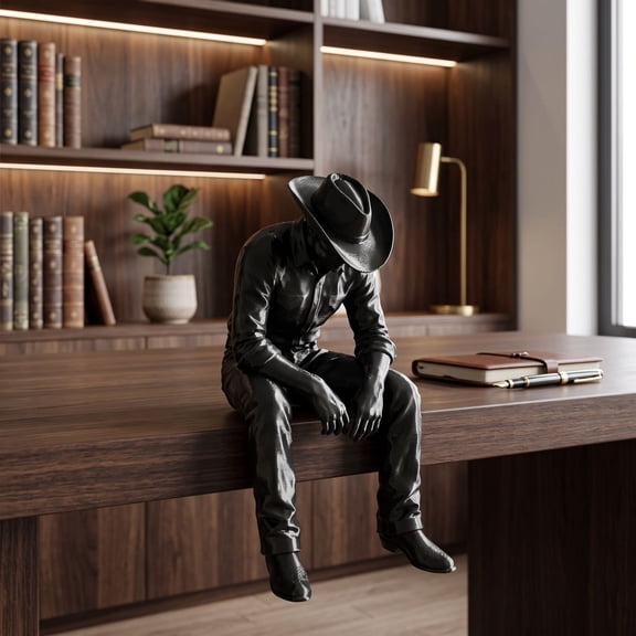 3D Printed Dark Style Cowboy Shelf Sitter, Sitting Cowboy Statue Hanging Leg Figurine, Western Sculpture Tabletop Decor, Ornament for Desk Bookshelf Home Office