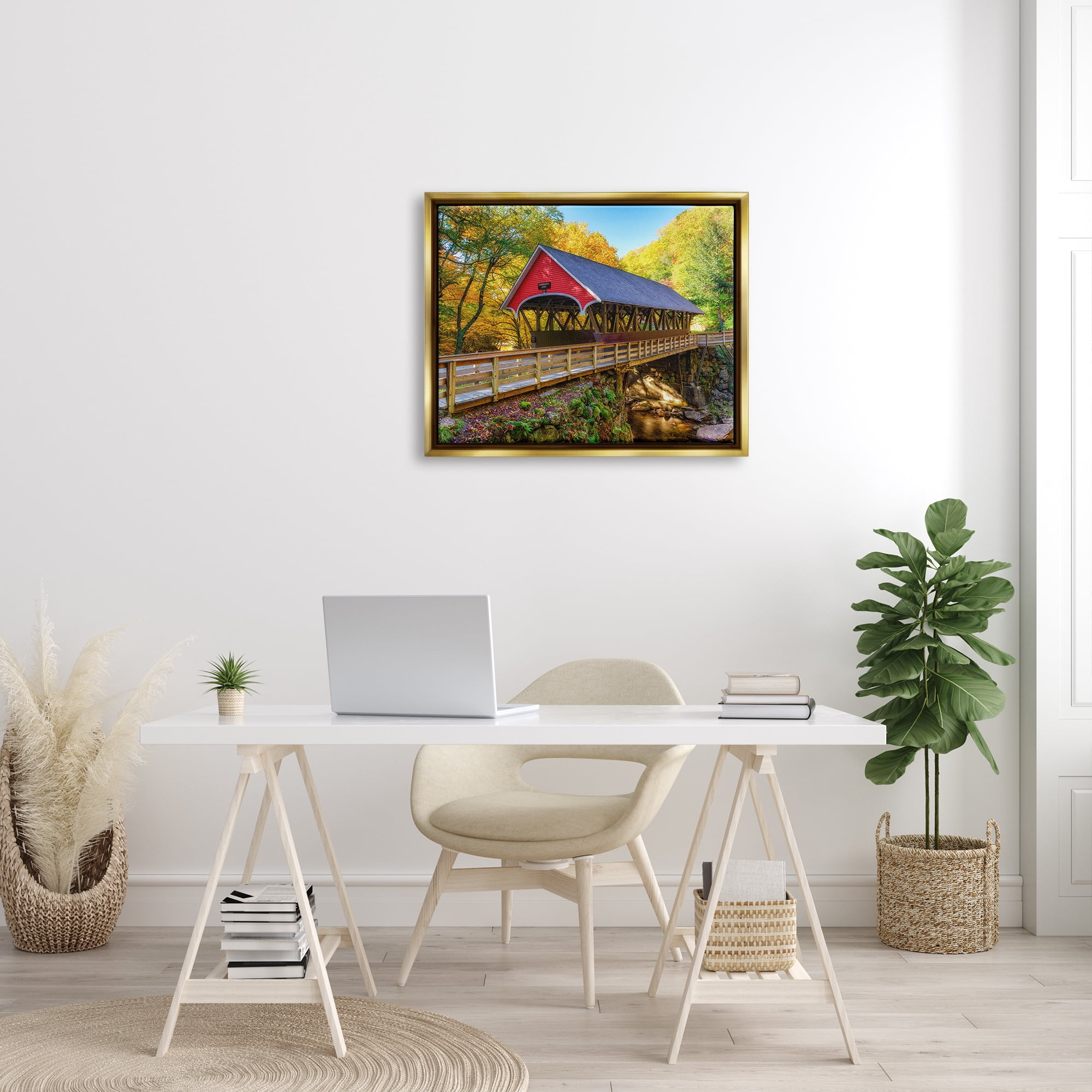 Stupell Red Covered Bridge Woodland Creek Landscape Photography Gold Floater Framed Art Print Wall Art