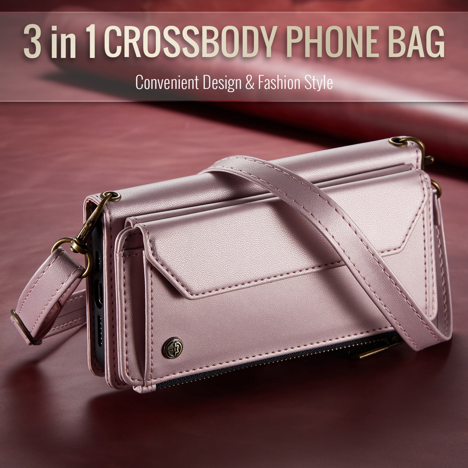 Crossbody for iPhone 13 Case Wallet【RFID Blocking】with 10-Card Holder Zipper Bills Slot, Soft PU Leather Magnetic Shoulder Wrist Strap for iPhone 13 Wallet Case Women, Pink