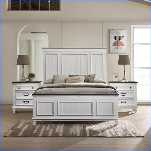 Bedroom Furniture Set, 3-Piece Queen Bed & 2 Nightstands | Modern Farmhouse Weathered White Wood | Wood | Standard Beds