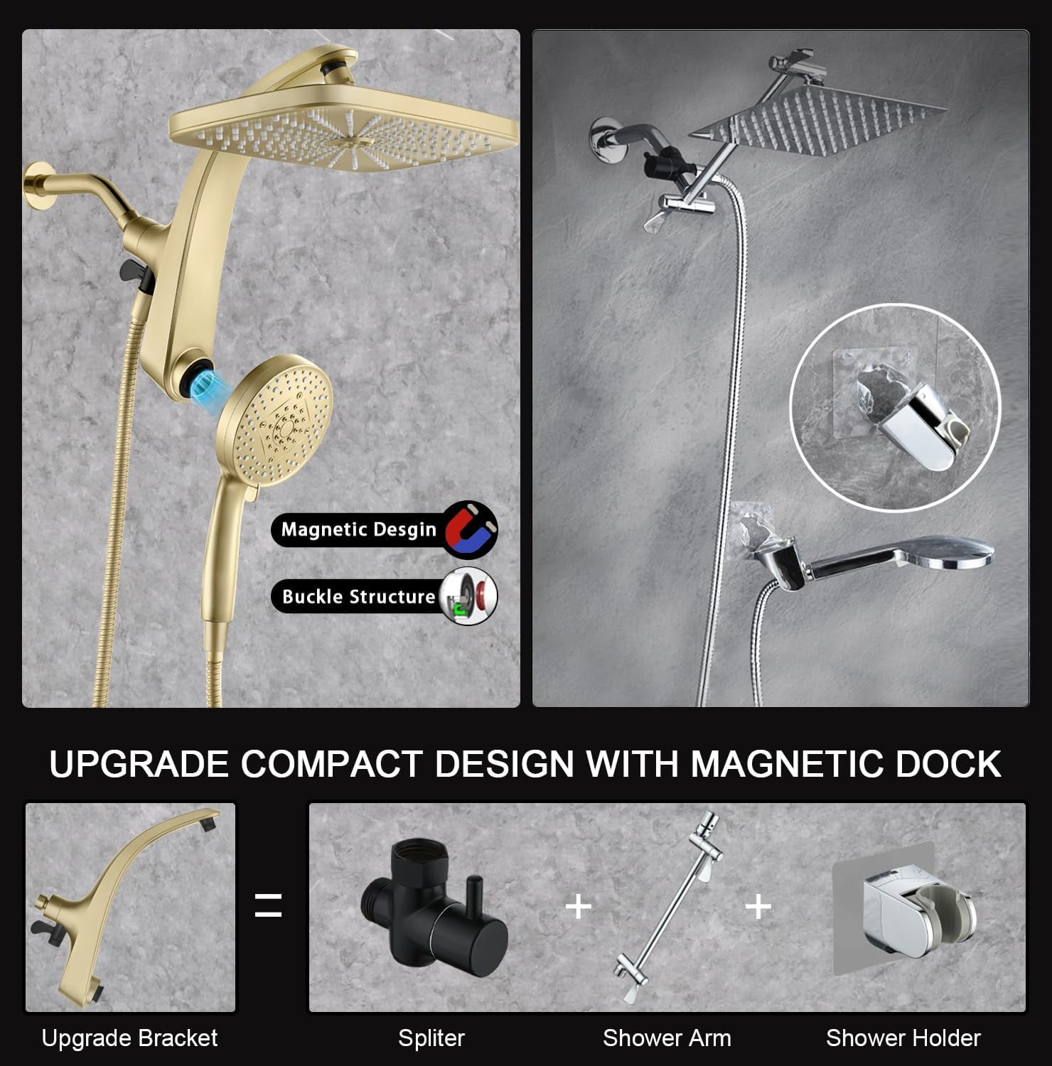 Upgrade Shower Heads with Handheld Spray Combo: High Pressure Rain Shower Head with Fixed Showerhead and 10 Sprays Handheld Shower Head, Detachable Shower head with Built-in Magnetic Docking and Powe