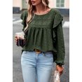 thumbnail image 3 of Solid Round Neck Ruffle Shoulder Crochet Detail Blouse for Women Olive Green X-Large, 3 of 5