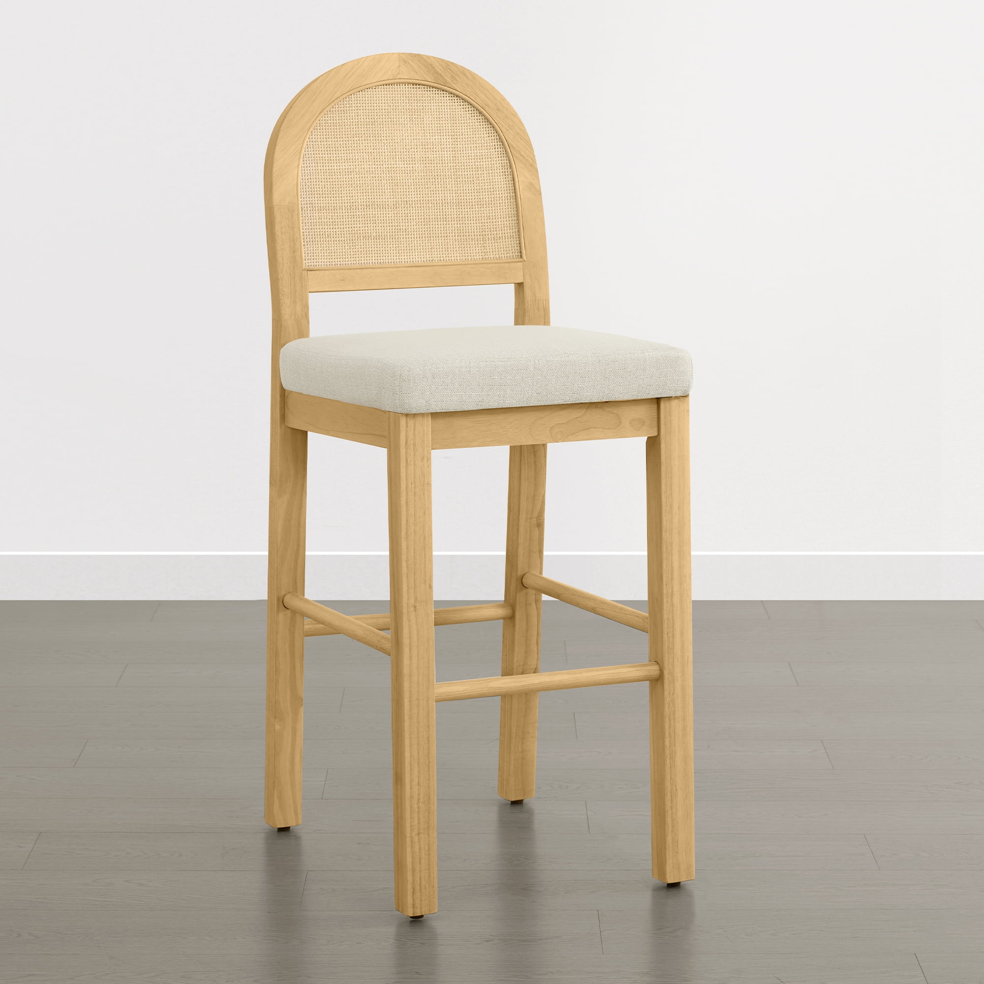 Spruce & Spring 30" Rattan Bar Height Bar Stools Set of 2 with Upholstered Seat, Natural Wood Frame for Kitchen Island, Cream Fabric