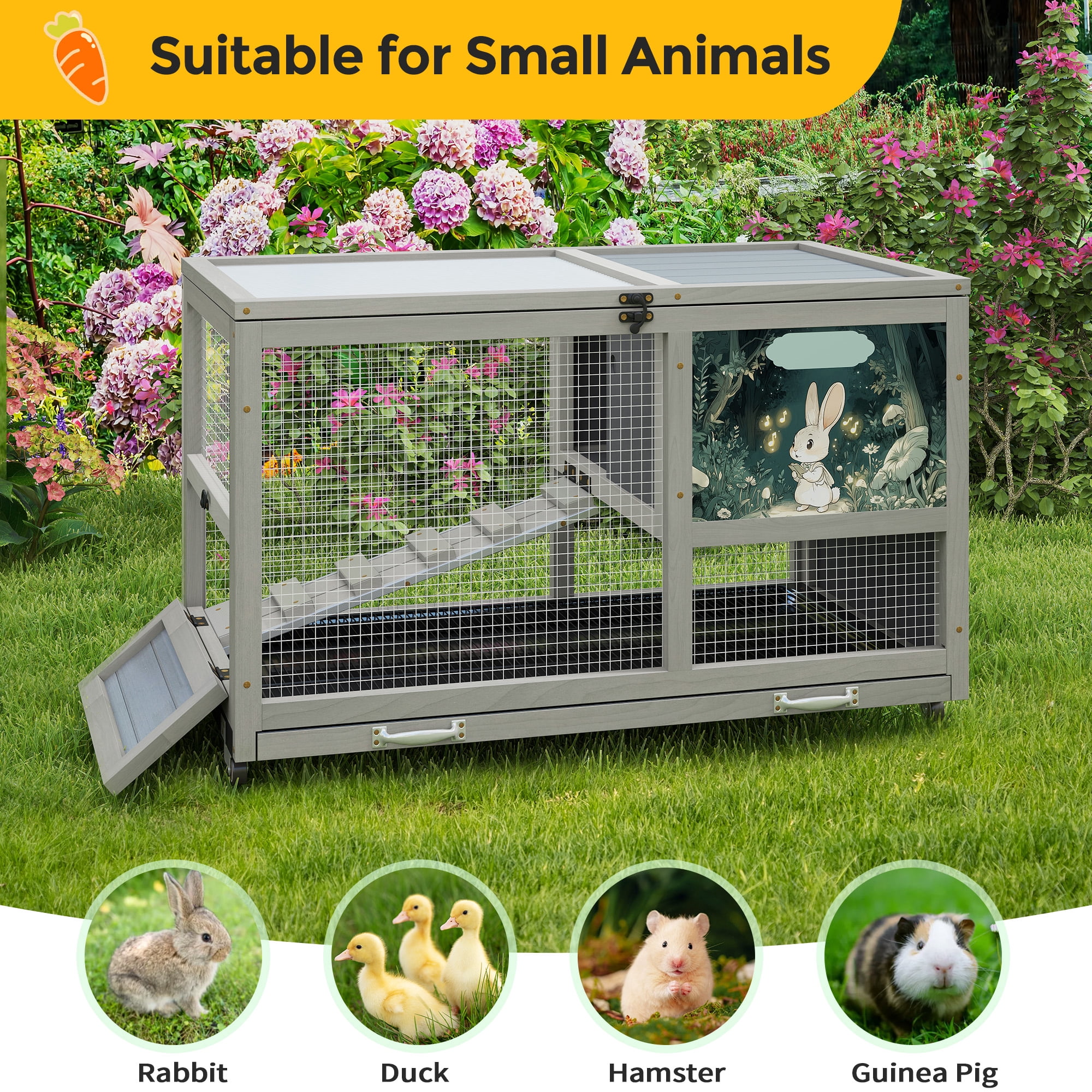 Fashion Wooden 36Inches Rabbit Hutch Outdoor with wheels Bunny Cage Indoor&Pull Out Tray, Openable Roof