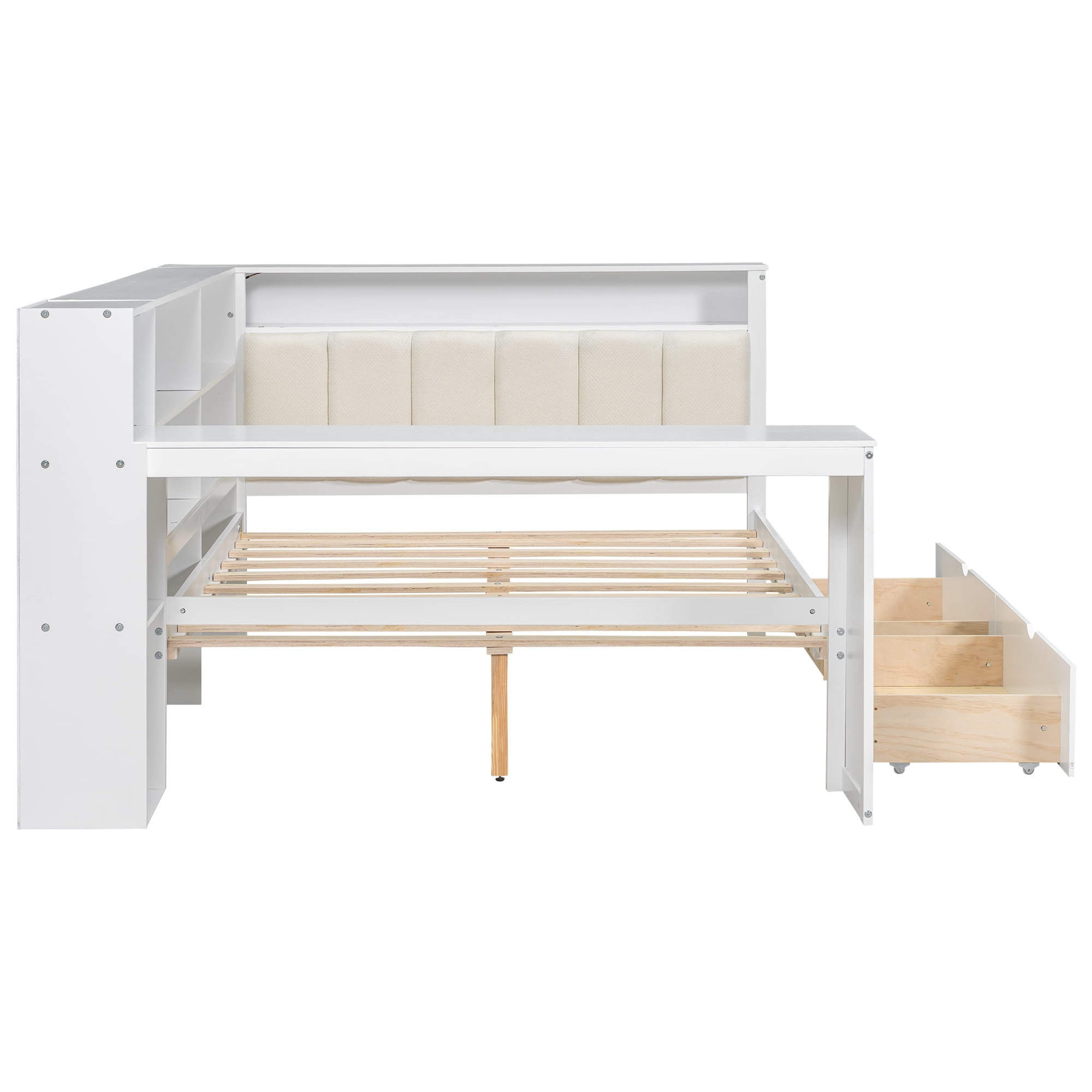 Euroco Wood Full Size Daybed with Desk and Shelves, Captain Bed with Upholstered Headboard, LED Light and USB Charging, White