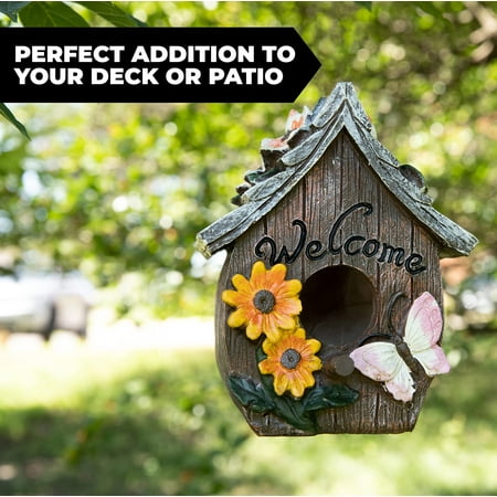Dawhud Direct 4" x 5.5" Butterfly and Flowers Welcome Decorative Hand-Painted Bird House