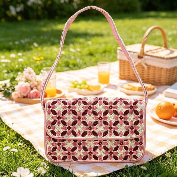 Beaded Flower Shoulder Bag Handmade Underarm Bag Vintage Style Women Fashion Handbag For Party Dating Shopping Travel Use, Floral Beaded Design Lightweight Carry For Elegant Occasions