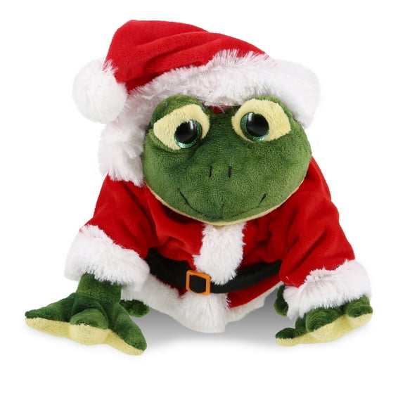 DolliBu Santa Squat Frog Stuffed Animal Plush Toy - Super Soft Wild Animal Dress Up with Red Santa Claus Outfit, Cute Wildlife Gift, Holiday Christmas Gift - 10.5 Inches