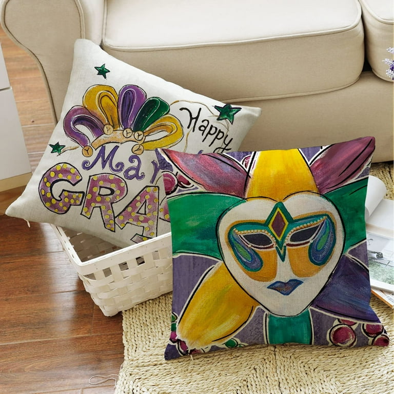 Husfou Mardi Gras Decorations Pillow Cover 4pcs Linen Throw Pillow Case Farmhouse Cushion Covers for Couch Holiday Home Happy Mardi Gras Decor 18x18