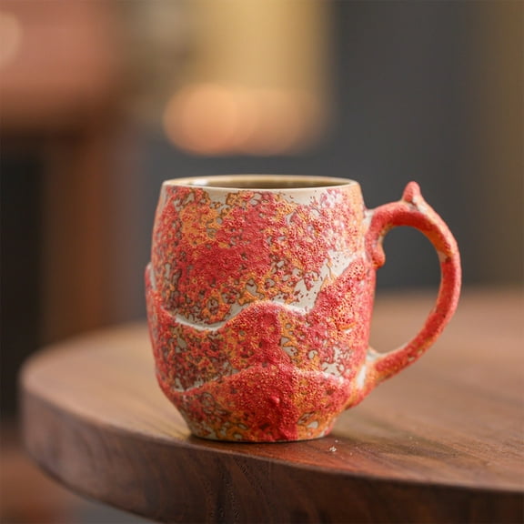 Ceramic Coffee Mug with Latte Art Lip, 14oz Rough Textured Stoneware Mug, Breakfast Cup for Milk, Coffee, Hot Chocolate, Rustic Handcrafted Mug (Red)