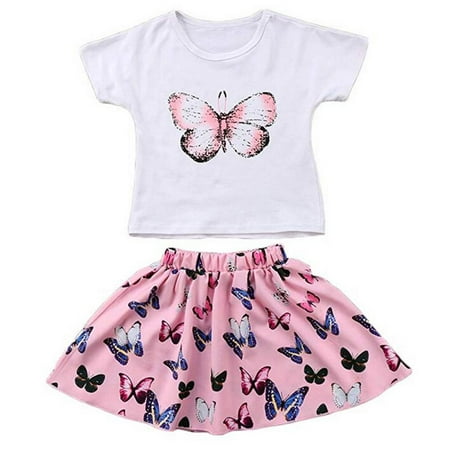 Baby Little Girl Butterfly Short Sleeve T-Shirt And Tutu Skirt Outfit Set