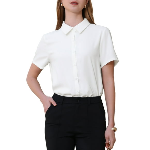 INSPIRE CHIC Women's Button Down Bodysuit Collared Short Sleeve Business Office Leotard Shirt Top S White
