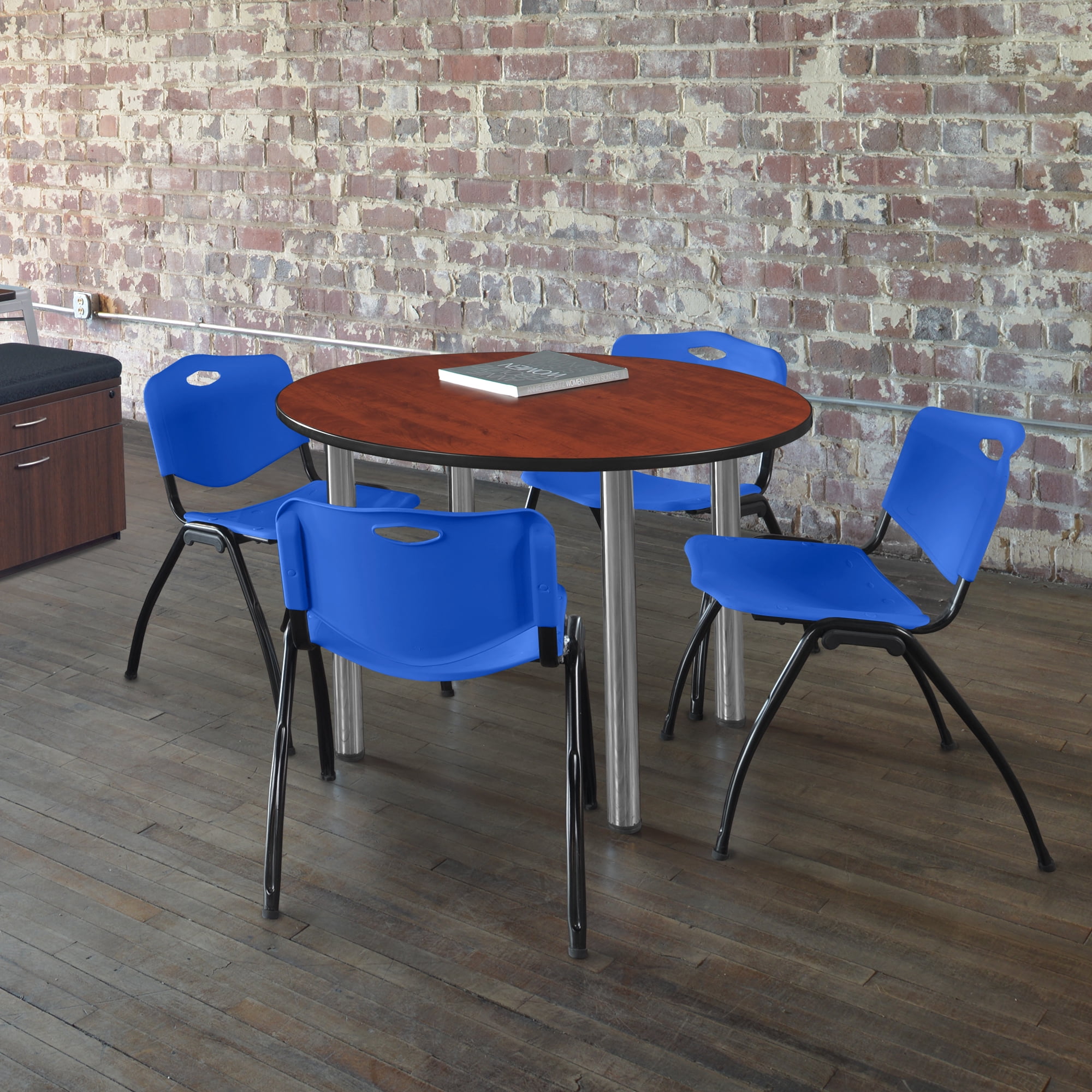 Kee 48" Round Breakroom Table- Cherry/ Chrome & 4 'M' Stack Chairs- Blue