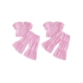 thumbnail image 2 of BemeyourBBs Toddler Baby Girl Summer Clothes 6 12 18 24 Months 2 3 4 Years Baby Girl Summer 2 Piece Outfit Puff Short Sleeve Plaid Gingham Print Shirt Tops and Elastic Waist Flare Pants Set, 2 of 9