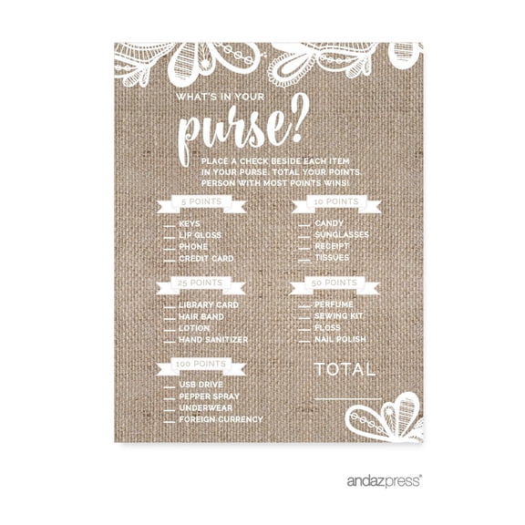Koyal Wholesale Burlap Lace Wedding Bridal Shower Game Cards, What's in Your Purse, 20-Pack