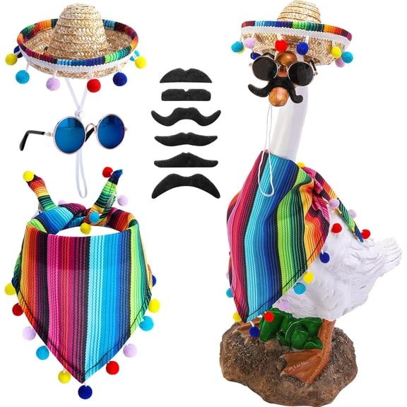 4 Pcs Set Mexican Porch Goose Outfit Accessories For Lawn Goose Statue Clothes Costume With Sombrero Bandana Beard Glasses For Cinco De Mayo Patio Yard Garden Decor