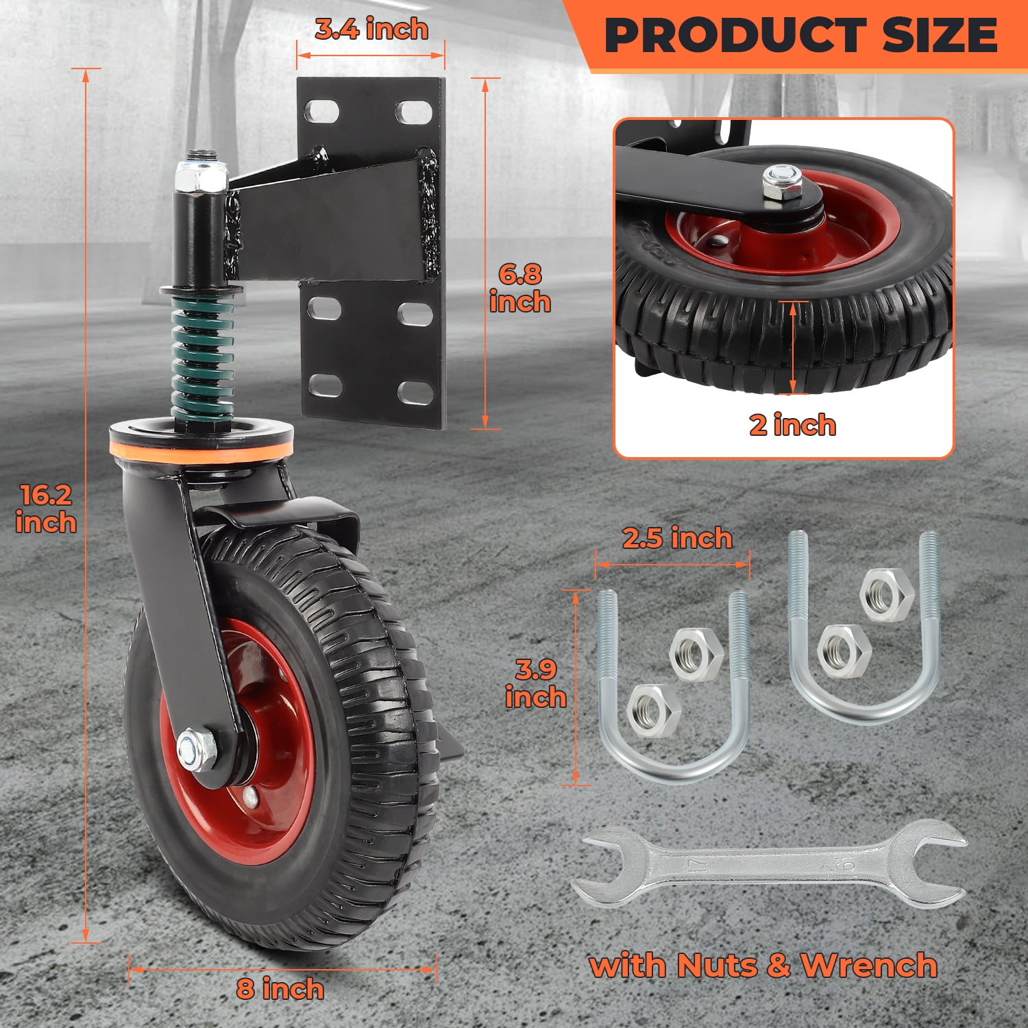 8inch Gate Casters with Brake, Moves Smoothly Fence Gate Wheel, 600 Lb Capacity 360 Degree Rotation Gate Wheels for Wooden/Metal Tube Gate Spring-Loaded Heavy Duty Gate Wheel Nuts Wrench Gloves