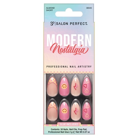 Salon Perfect Artificial Fake Press On Nails, 337 Modern Nostalgia, Smiley Checkered, Short Almond, File, Glue, and Prep Pad Inlcuded, 30 Nails