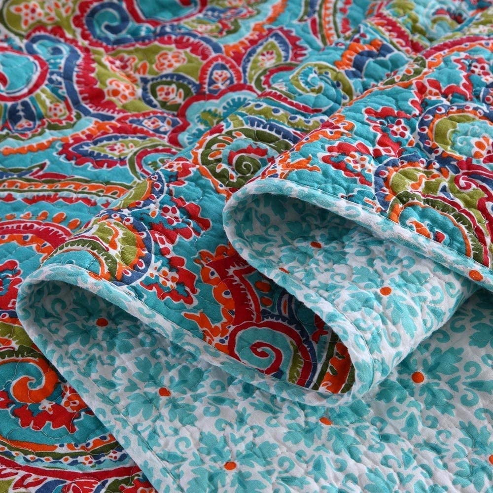 WannaToo Quilt King Size Comforter Cotton Bedding Set with Shams, Red and Blue Floral