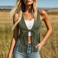 thumbnail image 2 of Women's Faux Suede Fringe Vest Tie Front V Neck Sleeveless Cropped Tassel Trim Boho Western Cowgirl Style Summer Festival Concert Outwear Army Green, 2 of 7