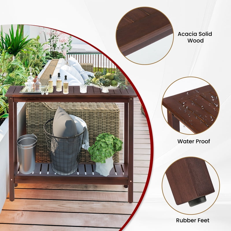 Easy4Home 42"Dx18"Wx37"H Acacia Wood Patio Console Table Indoor&Outdoor Storage Shelves, Dark Brown