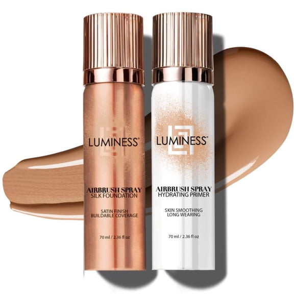 Kit de base y prebase en aerosol Luminess Silk Airbrush: base de maquillaje de cobertura total, fórmula antiedad que hidrata y humecta con ácido hialurónico, aloe vera y seda hidrolizada (tono cálido)
