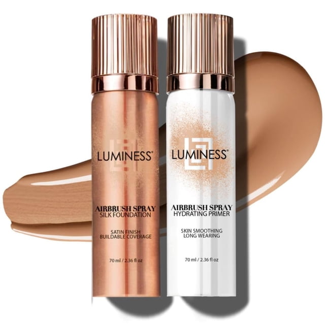 Kit de base y prebase en aerosol Luminess Silk Airbrush: base de maquillaje de cobertura total, fórmula antiedad que hidrata y humecta con ácido hialurónico, aloe vera y seda hidrolizada (tono cálido)