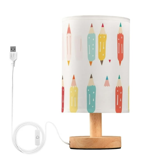 Pencils Table Lamp USB Bedside Desk Nightstand Lamp Printed Gifts Small Lamp Wood Base for Bedroom Living Room Kids Room College Dorm