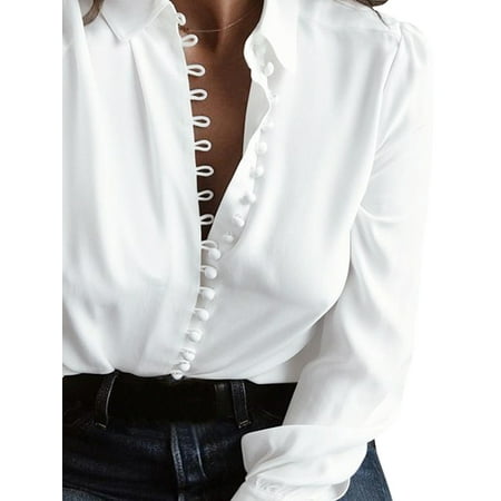 - Womens Long Sleeve Low Cut Casual Buttons Down Blouses Tops Shirts