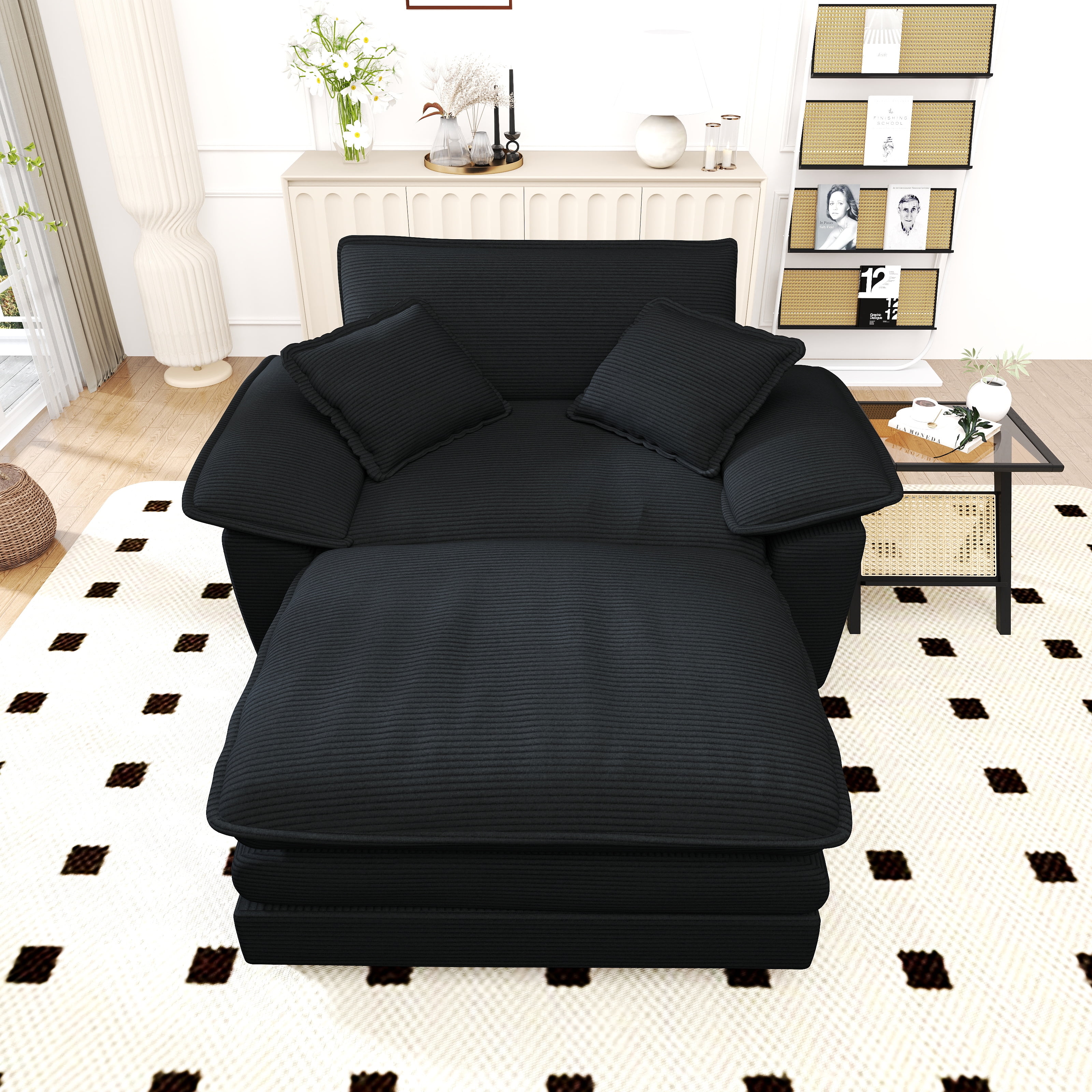 Lunale Oversized Lounge Chair & Ottoman Set - 48" Cloud Corduroy Accent Armchair for Modern Living/Bedroom, Black Corduroy
