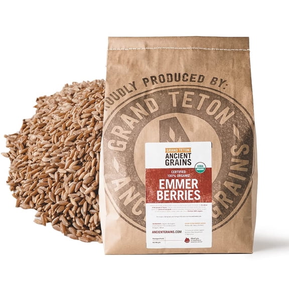 Grand Teton - Ancient Grains Emmer Wheat Berries, 100% Organic Berries, Premium Food-Grade Emmer Wheat Berries Organic, Farro for Milling, Sprouting, Baking, Salads, & Soups, 48 lbs