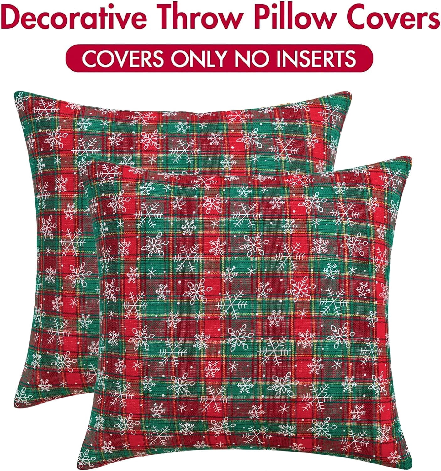 2PCS Christmas Plaid Decorative Throw Pillow Covers Snowflake for Sofa Farmhouse Decor，18x18 Inch